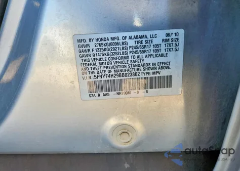 2011 Honda Pilot Lx из США, поврежденный, VIN 5FNYF4H29BB023862